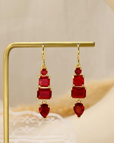 Colorful Cubic Zirconia Dangle Earrings for Women Multicolor Crystal Earrings Rainbow Cz Dangling for Birthstone Jewelry - color: Red