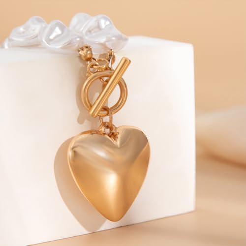 Statement Chunky Gold Heart Pendant Necklace for Women Trendy Boho Baroque Pearl Chain Choker Big Silver Love OT Buckle Necklaces Party Prom Jewelry Gift - color: Gold
