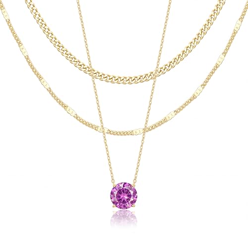 WomenGifts Layered Gold Necklaces for Women, 14K Gold Sterling Silver Plated Dainty Pendant Necklace Set Non Tarnish, Chunky Stackable Cuban Chain Choker, Trendy Birthstone Vacation Jewelry Gift - color: Gold, style: Cubic Zirconia-Created Alexandrite-Jun