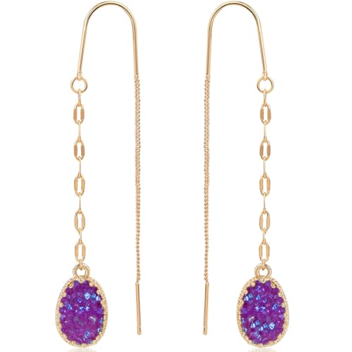 Simulated Druzy Threader Earrings for Women - Gold, Silver, or Rose Gold Tone Long Chain Earrings with Boho Created Geode Stone - color: Gold - Purple Stone