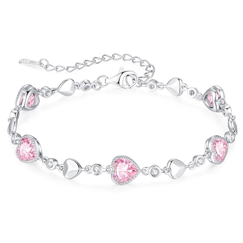 925 Sterling Silver Birthstone Heart Bracelet Jewelry Gift for Women | Rose Gold Plated Bracelets,Hypoallergenic,Adjustable Chain Personalized Anniversary Christmas Jewelry Gift for Mom Wife - color: Sterling Silver-10-Oct