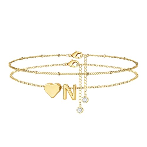 M MOOHAM Gold Initial Ankle Bracelets for Women - Layered Heart Letter A-Z Initial Dainty Gold Anklets for Women Waterproof, Womens Anklets Jewelry Birthday Gifts Jewelry - color: N