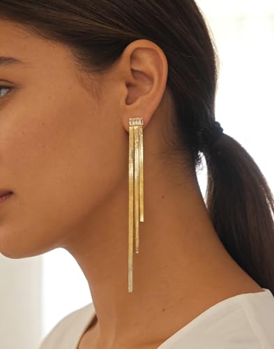 Gold Earrings for Women Trendy, Simple Dainty 14K Gold Plated Paperclip Square Chain Link Dangle Hoops Earrings Pin Stud Huggie Earrings Lightweight Hypoallergenic Minimalist Aesthetic Gold Jewelry for Christmas Gifts - color: tassel earrings-C