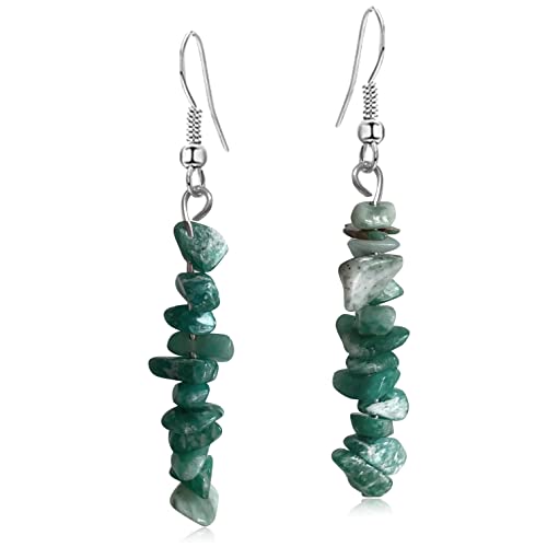 Handmade Bohemian Vintage Silver Nature Stone Beads Long Dangle Drop Earrings for Women - color: Green 1