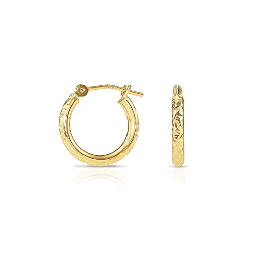 14k Yellow Gold Hand Engraved Diamond-cut Round Hoop Earrings - style: 14mm (0.55 inch)