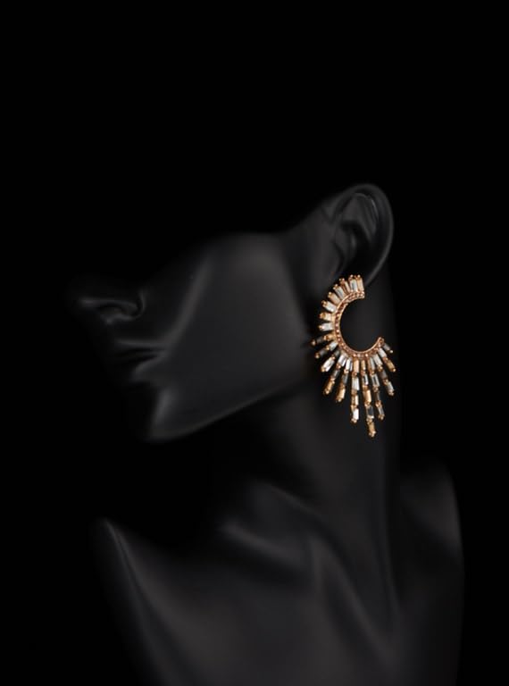 Women's Gold-Tone Crystal Fringe Hoop Earrings, Sunburst Crescent Baguette Crystal and Rhinestone Statement Jewelry