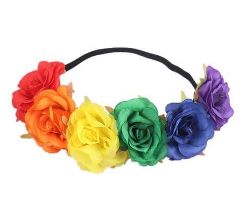 BOHO Floral Crown Rose Flower Headband Hair Wreath (Rainbow Rose Elastic Ribbon) - color: Rainbow Rose Elastic Ribbon