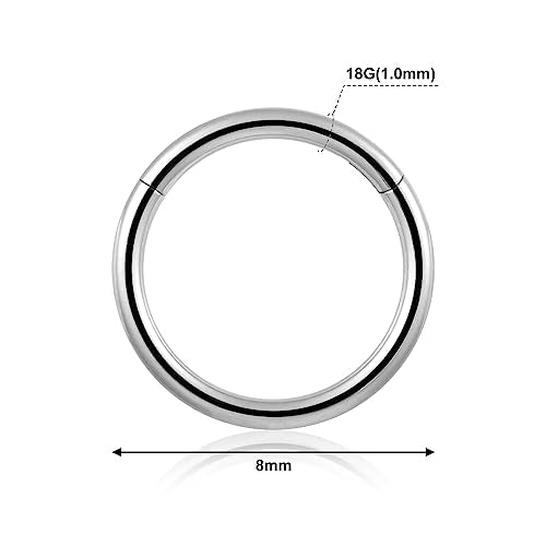 4Pcs 16G 18G 20G Surgical-Steel-Piercing-Ring-Nose-Rings-Hinged-Hoop-Earrings,6mm 8mm 10mm 12mm Seamless Stainless Steel Clicker Eyebrow Septum Piercing Hoop,Sliver Black Gold Rose Gold Rainbow Body Jewelry Set - color: 18G 8mm Silver