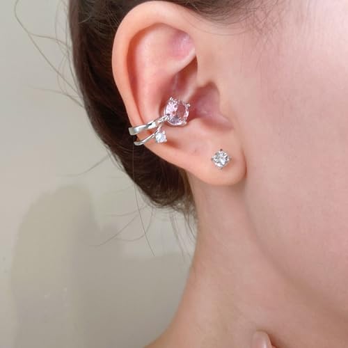 Cubic Zirconia Ear Cuff Non-Piercing CZ Clip on Earrings Round Crystal Stud Earrings Silver Cartilage Hypoallergenic Earrings Set Party Prom Jewelry for Women - color: Pink