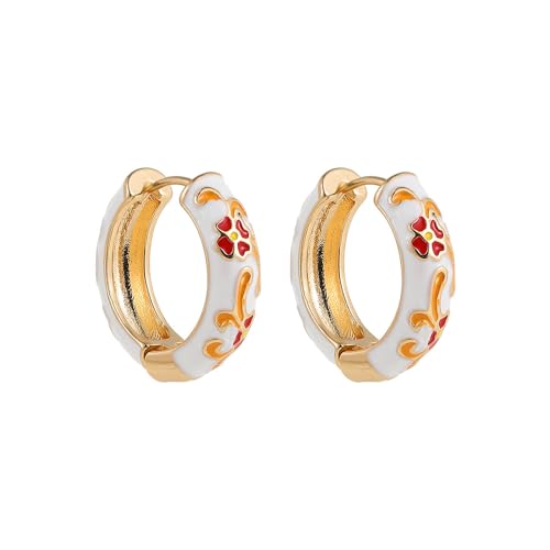 Vintage Enamel Flower Small Hoop Earrings Retro Elegant Flowers Earrings Colorful Flower Hoop Earring - color: White