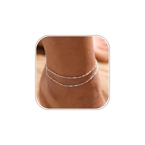 MIDEEO Gold/Silver Ankle Bracelets for Women,14K Gold Anklets for Women Waterproof Cuban Link Heart Beads Herringbone Rhinestone Anklets Set Layered Anklet Bracelets for Women Gold Jewelry Gift - style: 2 Layers Anklet A-Sliver