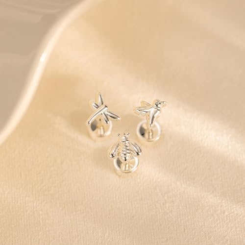 VRIUA 20G Tiny Flat Back Earrings for Women - 14K Gold/Silver Plated Small Flat Back Stud Earrings Hypoallergenic Cartilage Helix Piercing Jewelry - color: 5/6/6mm-Hummingbird Bee Dragonfly Flat Silver