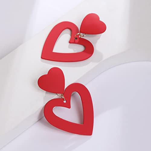 Double Heart Earrings Dangling Heart Drop Earrings For Women Love Heart Dangle Earrings Birthday Gift - color: Red