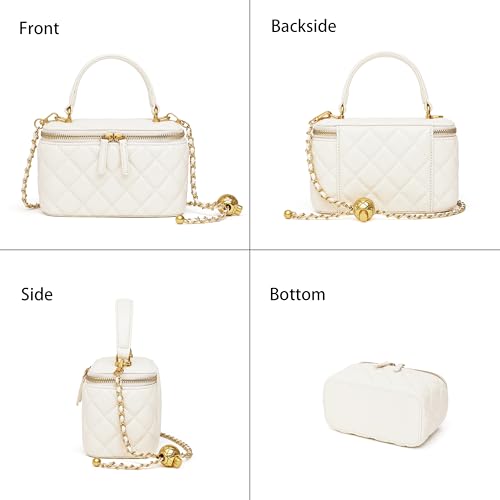 DORIS&JACKY Small Quilted Box Crossbody Purse For Women, Designer Lambskin Leather Mini Top Handle Tote Bag With Chain Strap - color: 3-white