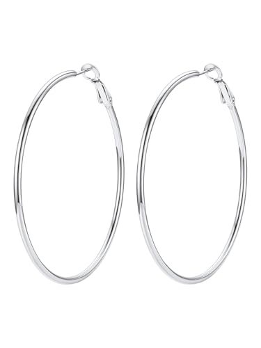 FOCALOOK 14K Gold Plated Lightweight Large Hoops| 2mm Thin Hoop Earrings for Women 30/40/50/70/100mm - color: 01.Silver, size: 60mm