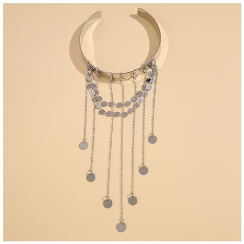 Simple Multi-layered Sequin Tassel Chain Upper Arm Bracelet Summer Beach Adjustable Open Arm Cuff Bangle Bracelets Bikini Armlet Body Jewelry for Women - color: Silver