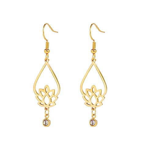 TEAMER Stainless Steel Lotus Flower Dangle Earrings Bohemian Drop Earring Unique Geometric Jewelry for Women - color: Lotus 6-Gold
