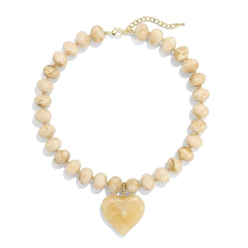 Elegance 11 designs Chunky Heart Necklace for Women, Colorful Acrylic Beaded Statement Puff Heart Necklace, Cute Boho Y2K Choker Necklace for Gift Jewelry - color: Beige
