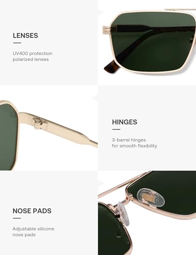 SOJOS Retro Polarized Square Sunglasses for Women Men Vintage Large Double Bridge UV Protection Metal Sun Glasses SJ1246 - color: Gold/Dark Green