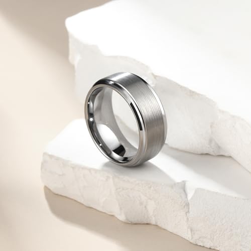 King Will Classic Tungsten Wedding Band for Men, 6/7/8/9/10mm Widths, Polished Finish Step Edge Matte Rings Comfort Fit - color: A-silver 8mm