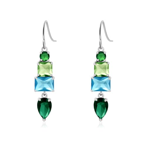 Colorful Cubic Zirconia Dangle Earrings for Women Multicolor Crystal Earrings Rainbow Cz Dangling for Birthstone Jewelry - color: Linght blue and green