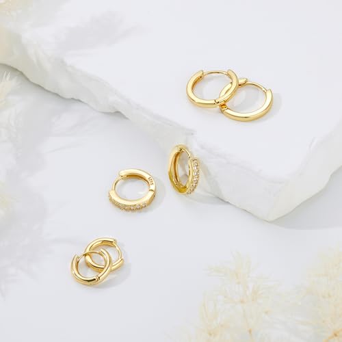 Poxtex Small Sterling Silver Huggie Hoop Earrings Set for Women, Hypoallergenic 14K Gold Plated Hoops Stacks for Multiple Piercings, Dainty Cute Mini Lightweight Cartilage Studs Trendy Jewelry Gift - color: Gold-mix hoops 81012