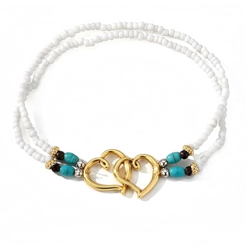 Ankle Bracelets for Women Waterproof Elastic Heart Anklet Stretchy Ankle Bracelets Colorful Beaded Anklets Boho Ankle Bracelets Silver Beach Anklet Jewelry Accessories for Summer - color: Gold White Anklets