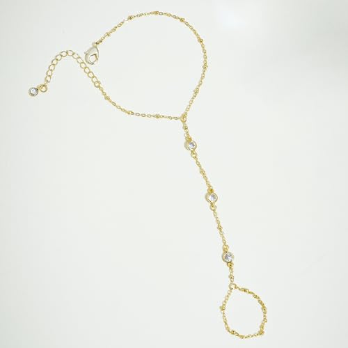 Gold Bracelets for Women Trendy, Dainty Gold Hand Chain Bracelets Stackable 14k Gold Plated Finger Ring Bracelet Hand Chain Cz Flower Layered Link Bracelets for Women Non Tarnish Jewelry Gifts - style: layered cz hand chain bracelet-gold