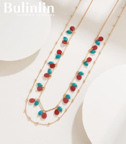 BULINLIN Layered Long Necklaces for Women Long Beaded Chain Necklace CostumeJewelry Mothers Day Gifts for Mom - color: Red green