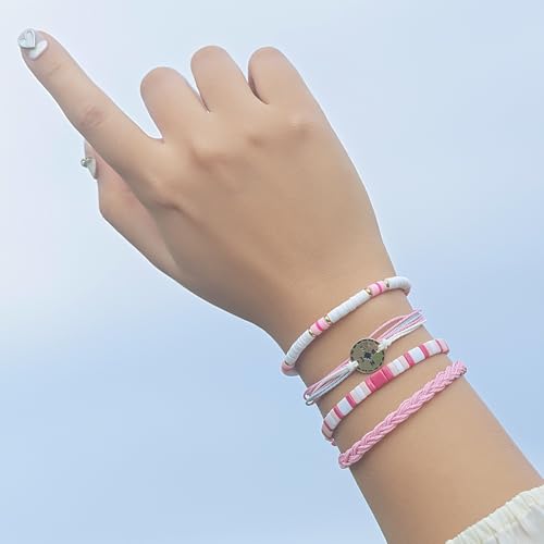 FANCY SHINY Boho Nautical Compass String Bracelets Beaded Clay Beads Bracelet Stackable Friendship Bracelets Summer Beach Outfits for Women Girls - color: Pink