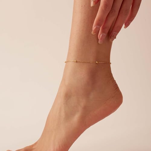 Dainty Ankle Bracelets for Women 18K Gold Plated Satellite Beaded Herringbone Lip Chain Anklets Simple Minimalist Summer Beach Foot Jewelry Christmas Gifts - color: Bead Chain -Gold