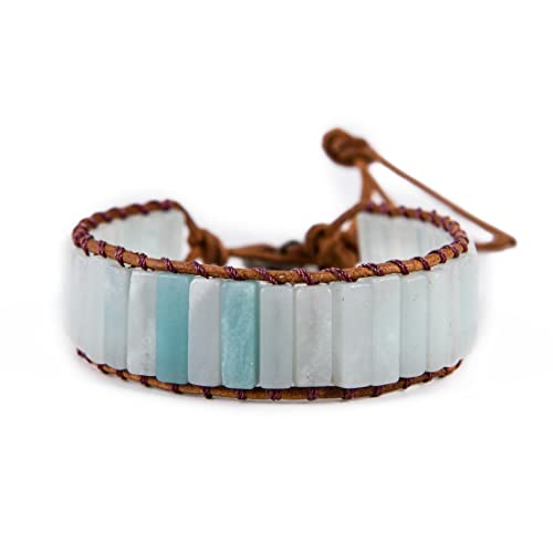 YGLINE Boho Handmade Wrap Leather Tube Crystal Stone Bracelet for Women - color: Amazonite