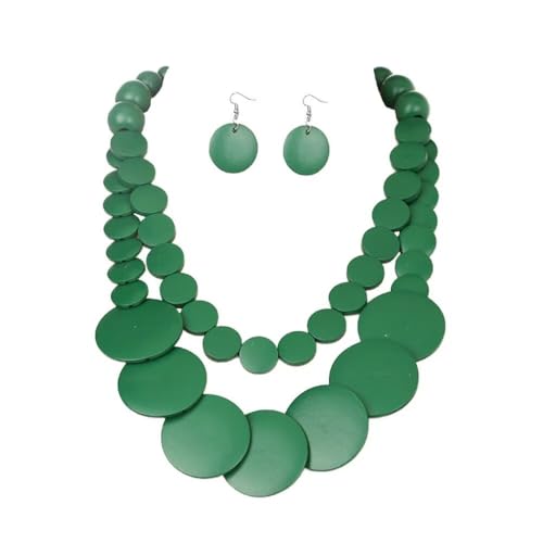 Zian Colorful Wooden Round Beaded Necklace Earrings Jewelry Set for Women Multicolor African Wood Beads Geometric Ethnic Choker Bohemian Statement Accessories - color: Green