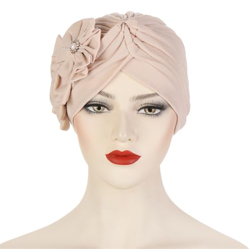 Flower Turban Hats for Women - Ruffle Bead Stretch Solid Caps Chemo Cancer Pre Tied Headscarf Headwear - color: Beige