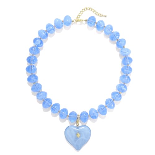 Elegance 11 designs Chunky Heart Necklace for Women, Colorful Acrylic Beaded Statement Puff Heart Necklace, Cute Boho Y2K Choker Necklace for Gift Jewelry - color: Transparent blue