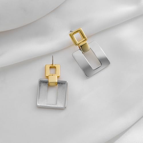 MUYAN Gold Silver Geometric Drop Dangle Earrings for Women Brushed Link Square Dangle Earrings Trendy Jewelry - color: C Gold Silver