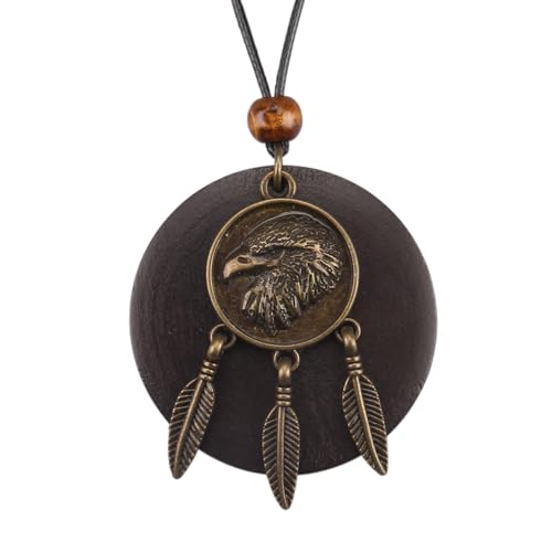 Kelake Leather Necklace for Women Men Teen Vinatge Boho Alloy Pendant Choker Jewelry Fashion Sweater Necklaces with Adjustable Genuine Leather Chain - color: Brass Eagle Feather & Brown Wood Pendant