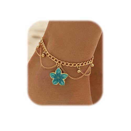 Fashion Layered Flower Charm Anklet for Women Golden Cuban Link Chain Tassel Waterproof Ankle Bracelet Adjustable Beach Vacation Foot Jewelry Summer Accessories - color: Bule floral
