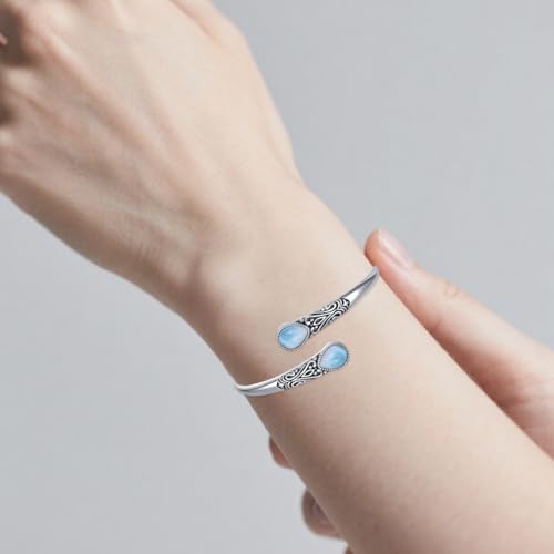 925 Sterling Silver Genuine Gemstone Bracelet for Women Men Handmade Adjustable Boho Navajo Style Bangle Cuff Natural Stone Jewelry Gift - color: Larimar