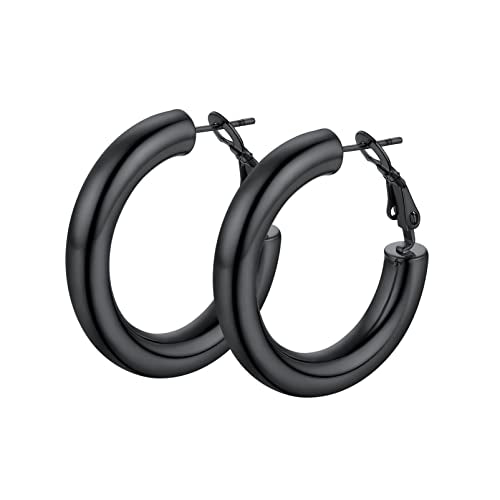 Stainless Steel Chunky Hoop Earrings For Women, Minimalist and Chic, Black/Gold Plated, Round Hoops Earrings Hypoallergenic, Size: 30mm/40mm/60mm/80mm, Come with Box - color: 1. Black, size: 30MM
