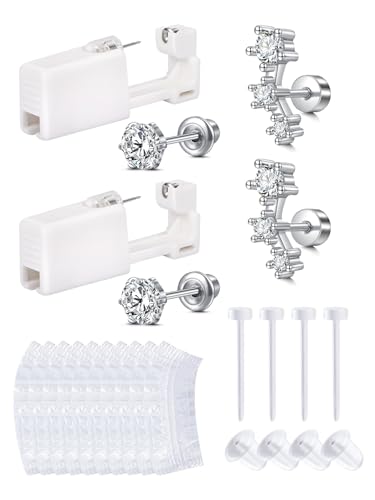 QWALIT Silver Ear Piercing Kit Ear Piercing Gun Kit Ear Piercing Earrings Disposable Self Piercing Earring Ear Gun Piercing Kit at Home Silver Stud Earring for Women - color: E2-3 zircon -silver