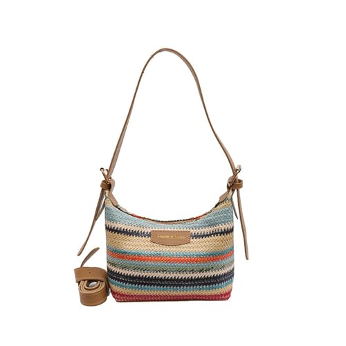 Women's Woven Beach Shoulder Handbag Colorful Straw Tote Bag Summer Vacation Crossbody Bag - color: 9706khaki