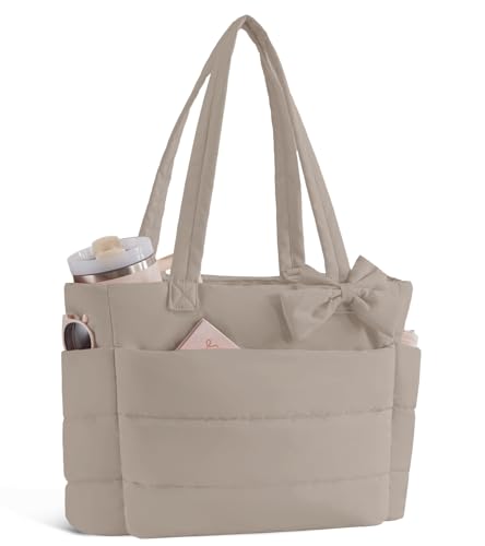 CTWWFS Puffer Tote Bag for Women, Quilted Bow Tote Bag with Cup Holder & 15.6 In Laptop Compartment for Work, Travel, Gym - color: Light Brown
