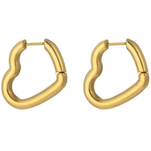 Stainless Steel Hoop Earrings for Women Gold Tone Geometric, Huggie Heart Twisted Minimalist Engraved Designs for Daily Wear - color: Gold+ Heart02