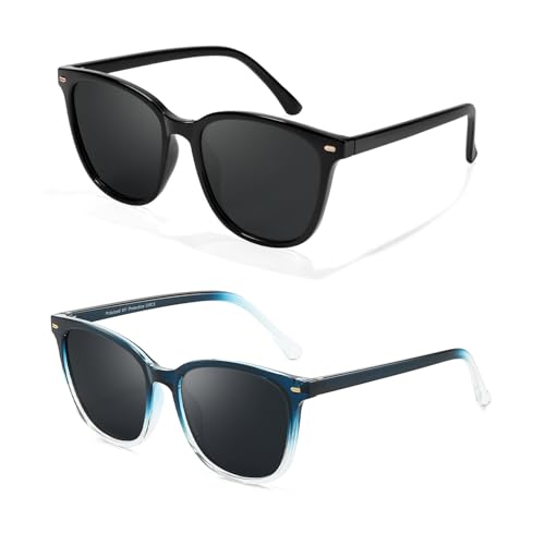 Myiaur Polarized Sunglasses for Women, Trendy Square Shades with UV400 Protection Sun Glasses for Daily (2 Pack) - color: A07 Black+gradient Blue