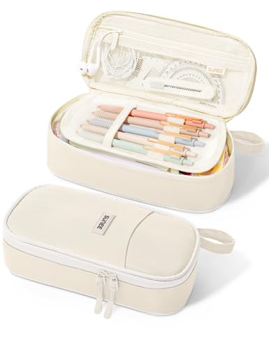 SUNEE Cute Pencil Case, Aesthetic Pen Pouch, Colored Large Pencil Bag with Zipper, Kawaii Stationery Storage and Organizer, School Supplies for Teen and Adult Girls, Beige - color: Beige