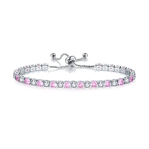 CiNily Adjustable Tennis Bracelets for Women Teen Girls Rainbow Cubic Zirconia Bracelet 14K White Gold Plated Hypoallergenic Slider Bracelet Jewelry Gift - color: Pink white