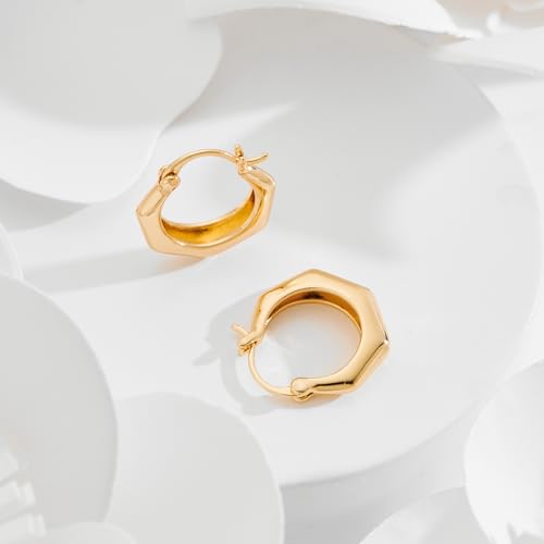 Hoop Earrings for Women 14K Gold Plated Thick Chunky Hoops Hypoallergenic Trendy Dainty Jewelry Gifts - style: Hexagon Hoop