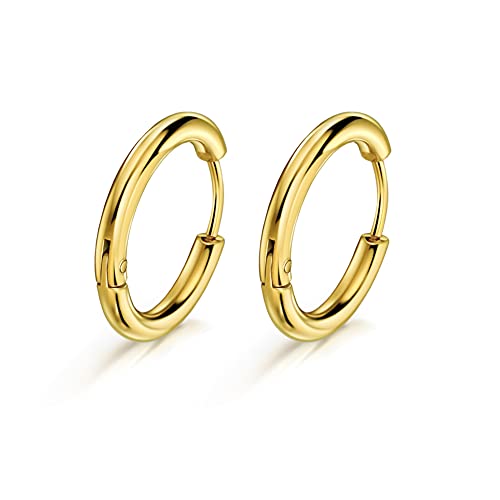 316L Surgical Stainless Steel Huggie Hoop Earrings with Cubic Zirconia, 10G 12G 14G 8-20mm Cartilage Lobe Earrings, 14G Piercing Jewelry - style: 10G 14mm Gold