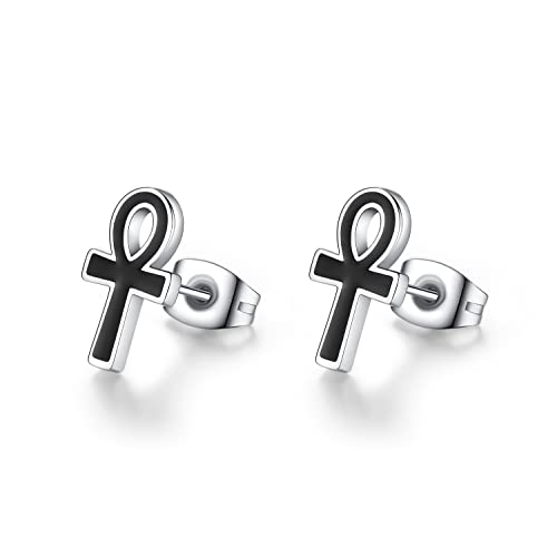 REVEMCN 925 Sterling Silver and Stainless Steel Cross Stud Earrings for Women Men, 3 Pairs - color: Black Ankh Earrings